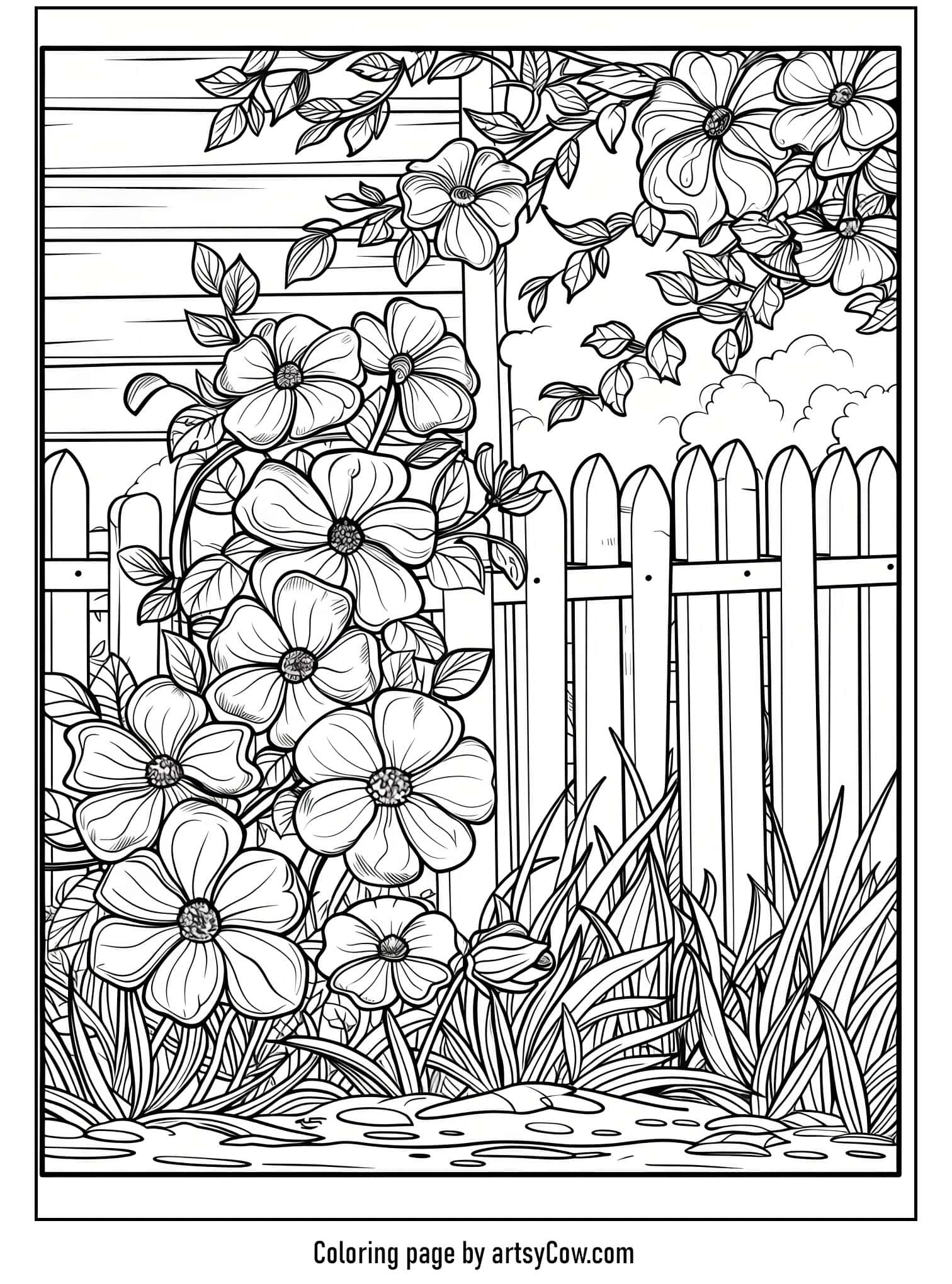 a densely flowered garden with detailed flowers and a backdrop of a wooden fence